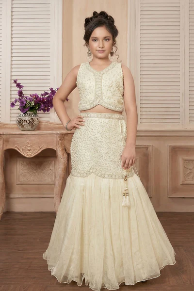 Cream Pearl Embellished Lehenga Choli For Girls