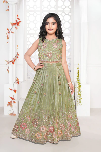Girls Green Floral Embroidered Lehenga Choli Set