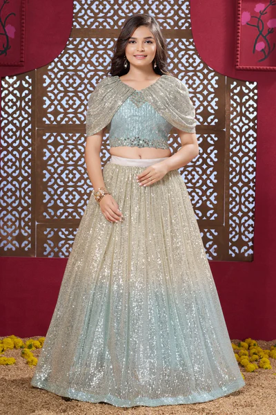 Sea Green Sequin Lehenga Choli Set For Girls