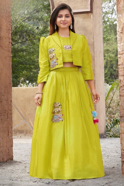 Lime Green Embroidered Lehenga Choli With Jacket For Girls