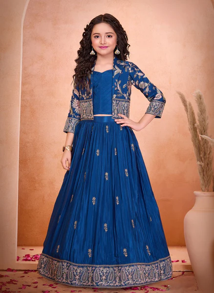 Royal Blue Lehenga Set With Embroidered Jacket For Girls