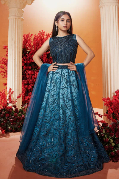 Peacock Blue Sequin Embellished Lehenga Choli Set For Girls