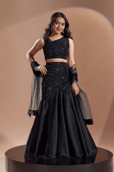 Black Sequin Embellished Fish Cut Lehenga Set For Girls