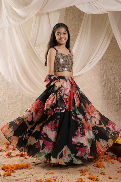 Black Floral Printed Lehenga Choli Set for Girls