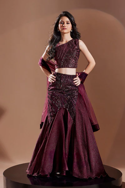 Wine Sequin Embellished Fish Cut Lehenga Set For Girls