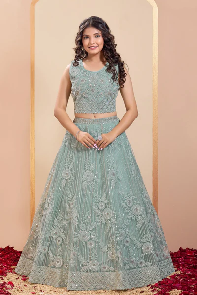 Sky Blue Embroidered Lehenga Choli Set For Girls