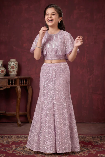 Lavender Sequin Embroidered Cape Style Lehenga Choli For Girls