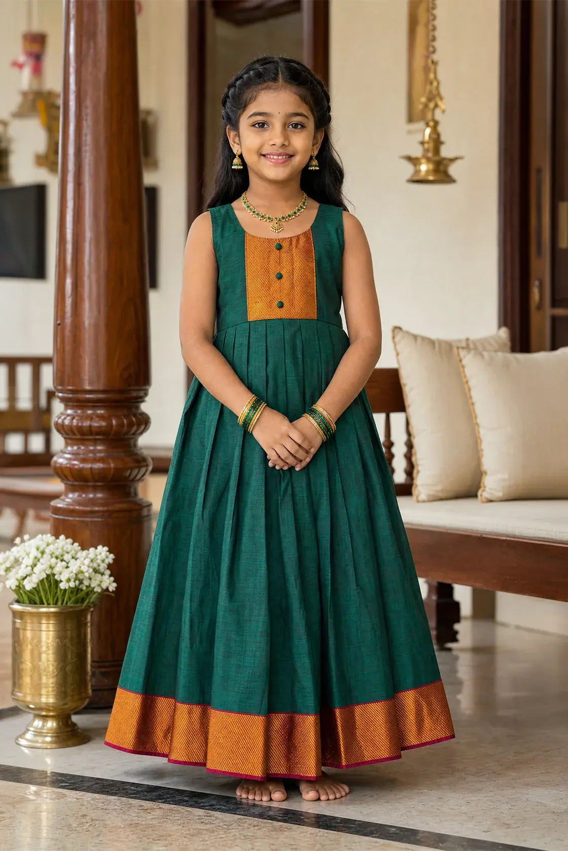 Bottle Green Plain Body Cotton Kids Ethnic Dress