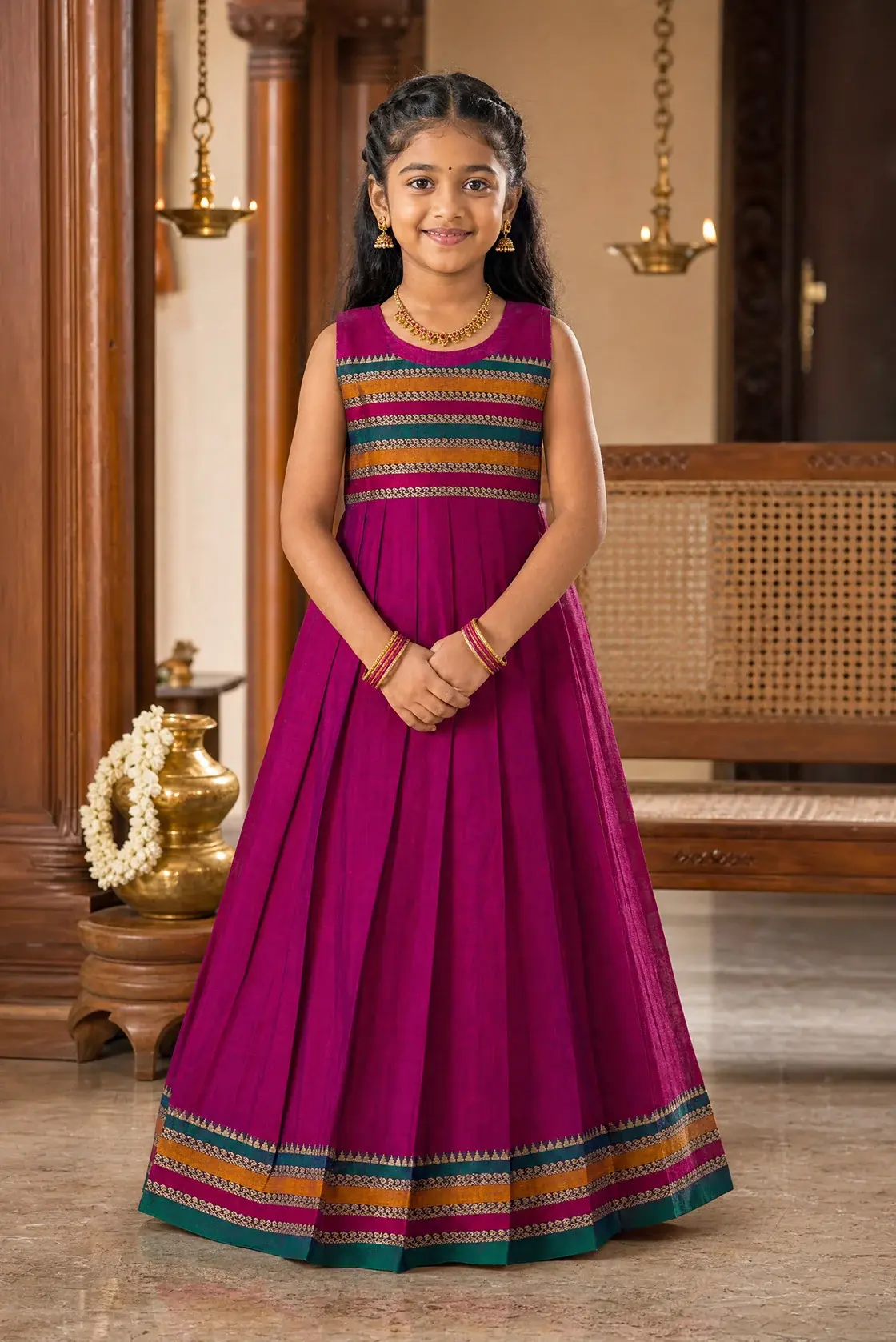 Magenta Plain Body Cotton Kids Ethnic Dress