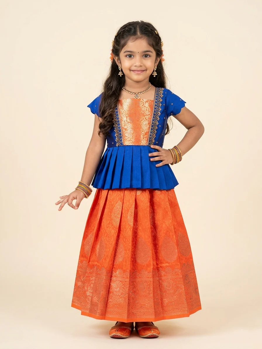Blue Orange Pattu Pavadai Minipattu