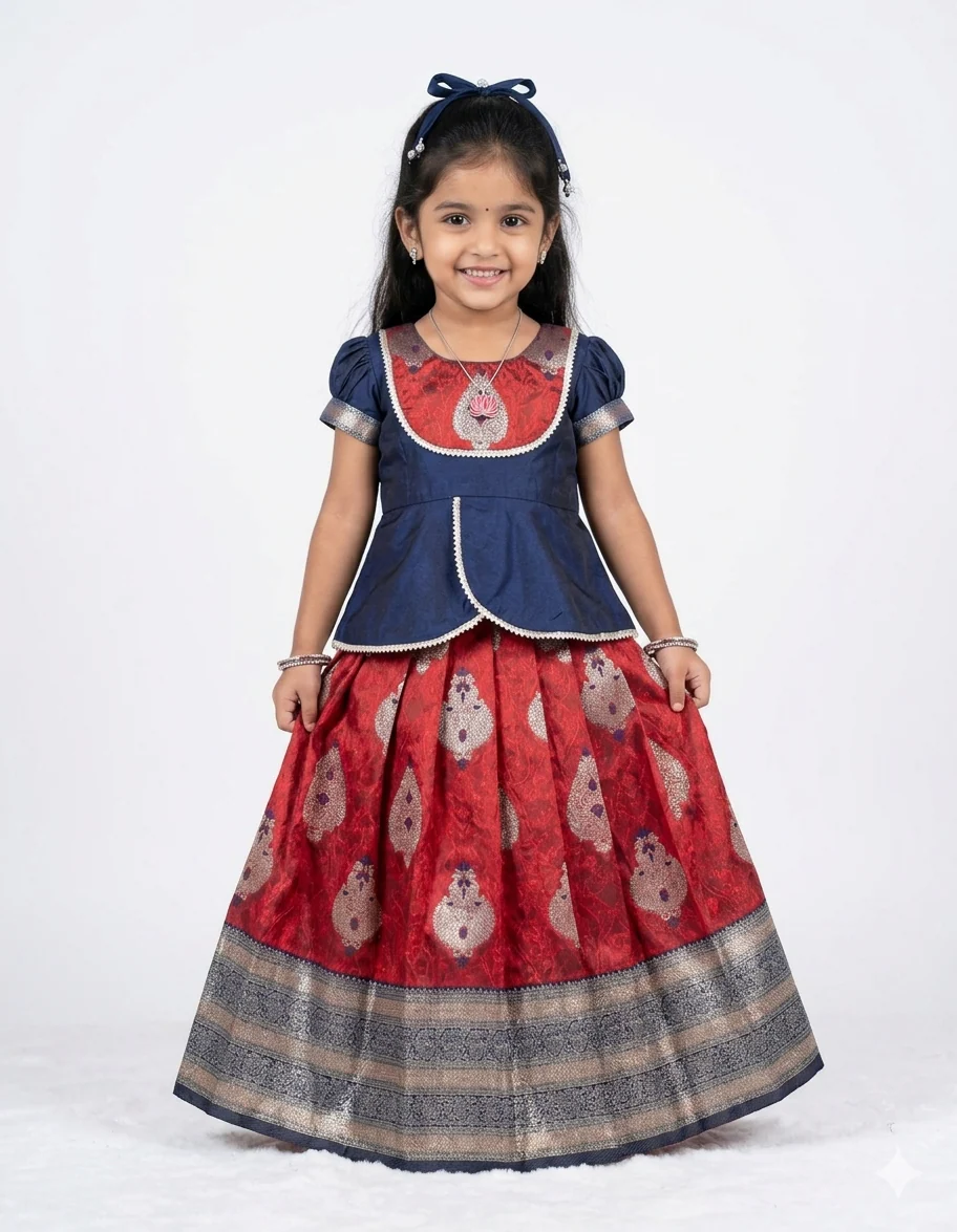 Blue Maroon Pattu Pavadai Minipattu