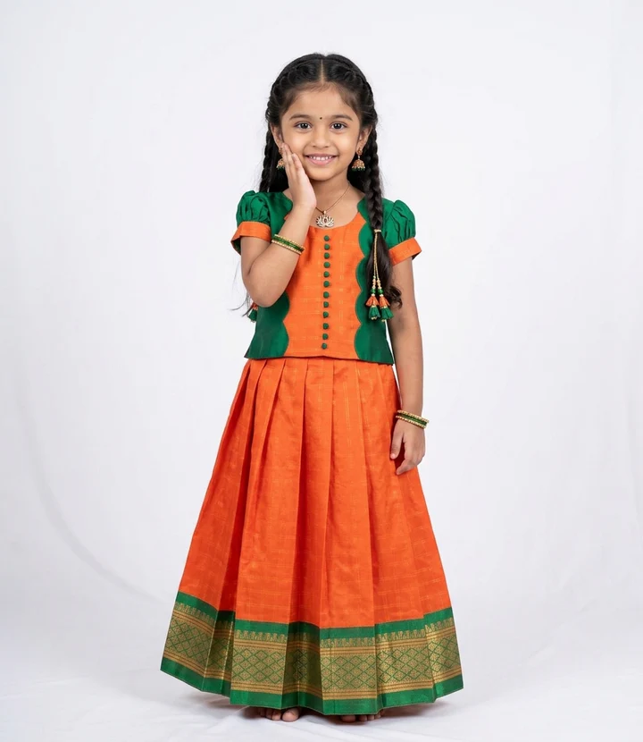 Karthika - Orange Green Pattu Pavadai Minipattu