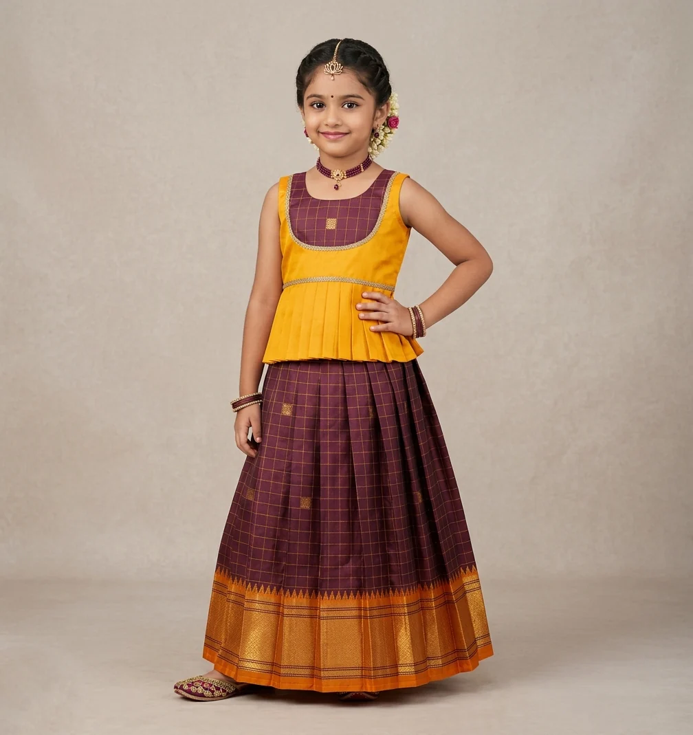 Nandhini - Mustard Yellow Burgundy Pattu Pavadai Minipattu