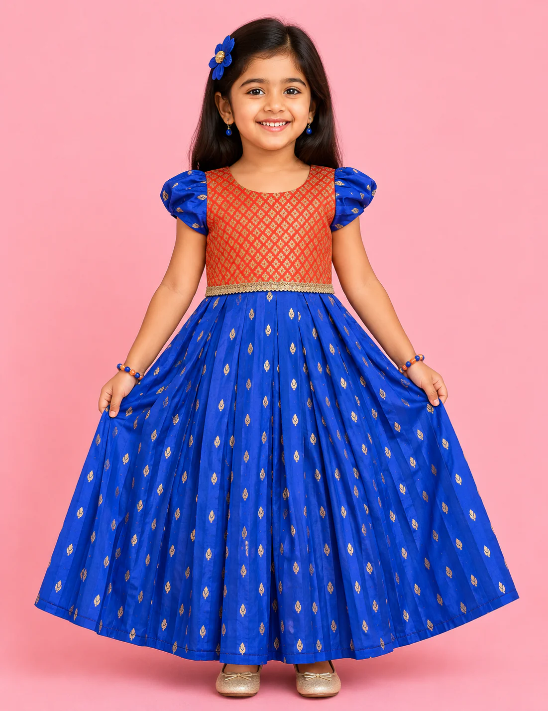 Tanishka - Orange Royal Blue Frock Minipattu