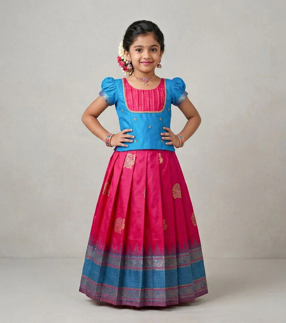 Pink Blue Pattu Pavadai Minipattu