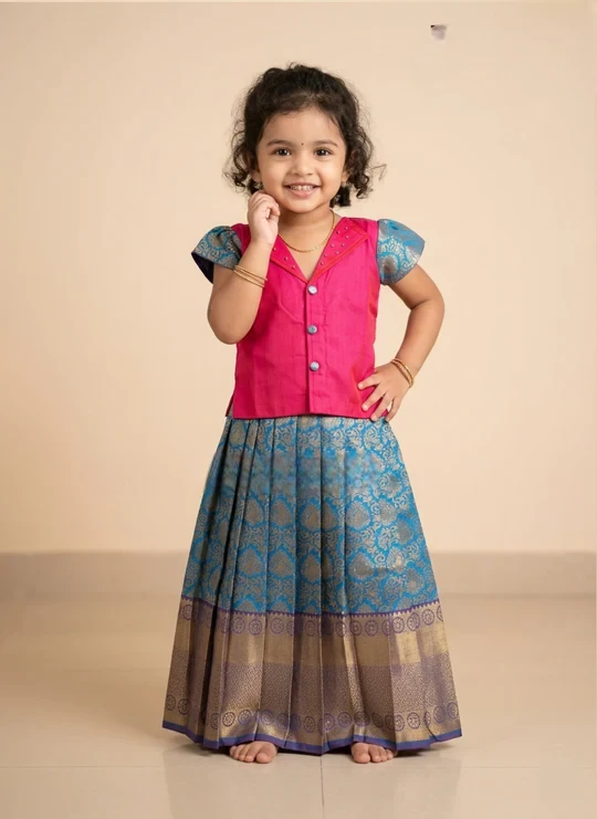 Pink and Blue Pure Silk Pattu Pavadai for Girls – Premium Traditional Ethnic Wear