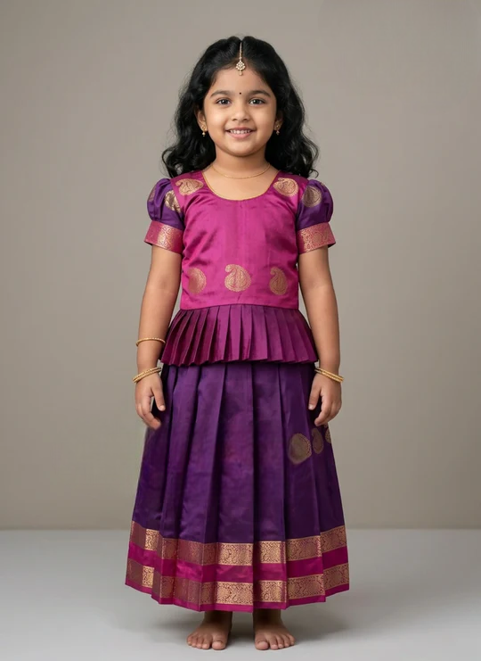 Purple and Pink Soft Silk Pavadai Sattai for Girls – Festive Pattu Pavadai Set