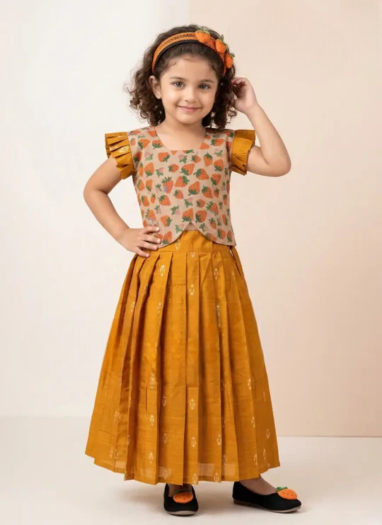 Mustard Silk Cotton Pavadai Sattai for Girls – Traditional Kids Ethnic Wear