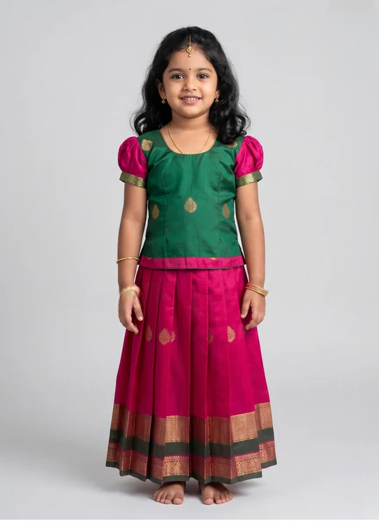 Soft Silk Pink and Green Pure Silk Pattu Pavadai for Girls – Traditional Kids Ethnic Wear
