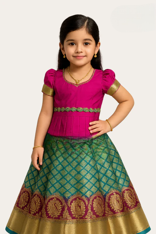 Semi Kanchi Pattu Pavadai for Girls & Kids – Blue & Pink Traditional Dress