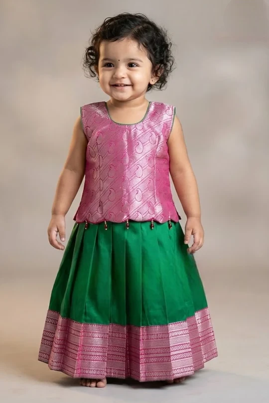 Kids Soft Silk Pattu Pavadai – Green & Pink Traditional South Indian Dress