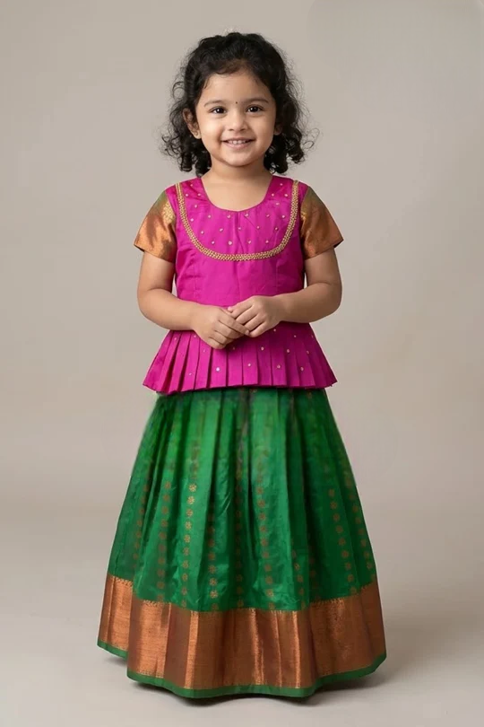 Kids Pure Kanchipuram Pattu Pavadai – Pink & Green Traditional Dress for Girls