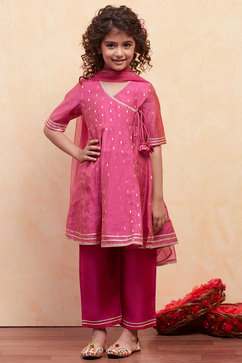 Pink Yarn Dyed Angrakha Anarkali Suit Set