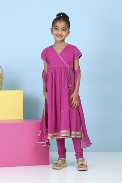 Pink Cotton Mirror Work Anarkali Suit Set