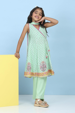 Green Cotton Floral Printed Anarkali Suit Set