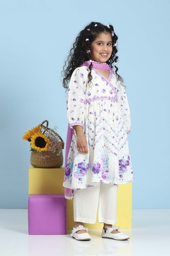 White Cotton Printed Angrakha Anarkali Suit Set