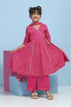 Pink Cotton Printed Anarkali Suit Set