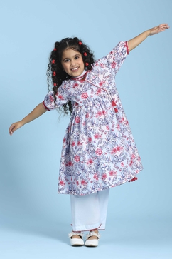 Blue Cotton Printed Angrakha Anarkali Suit Set