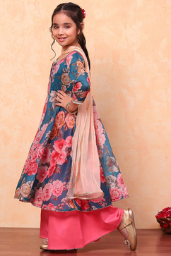 Teal and Pink Floral Printed Flared Festive Suit Set