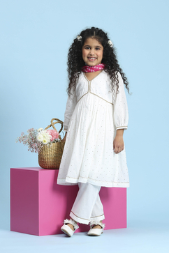 Off-White Cotton Metallic Pattern Anarkali Suit Set