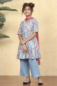 Blue Cotton Printed Anarkali Suit Set