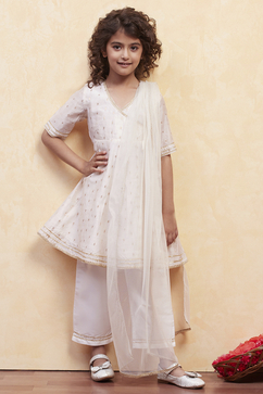 White Yarn Dyed Angrakha Anarkali Suit Set
