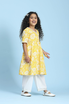 Yellow Cotton Printed Anarkali Kurta Set