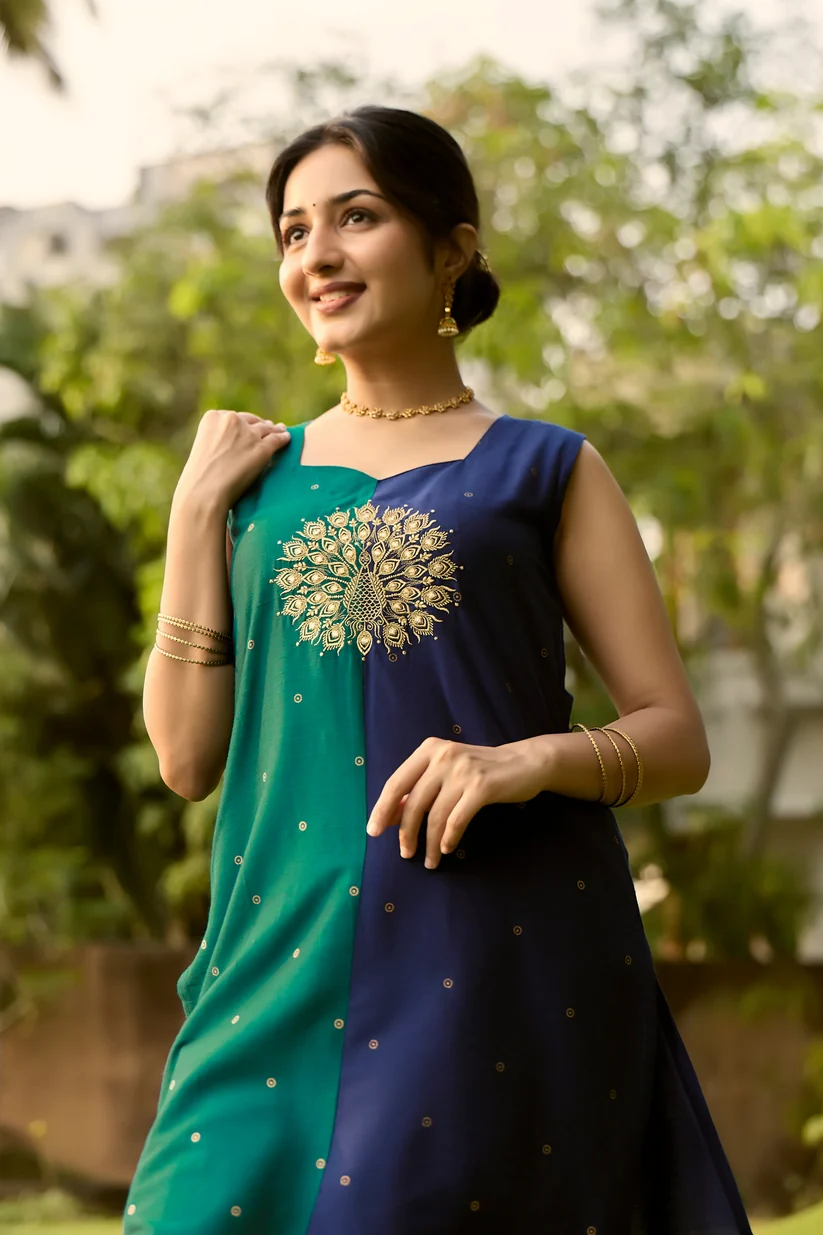 Blue Peacock Embroidered Colour Block Raw Silk Kurta