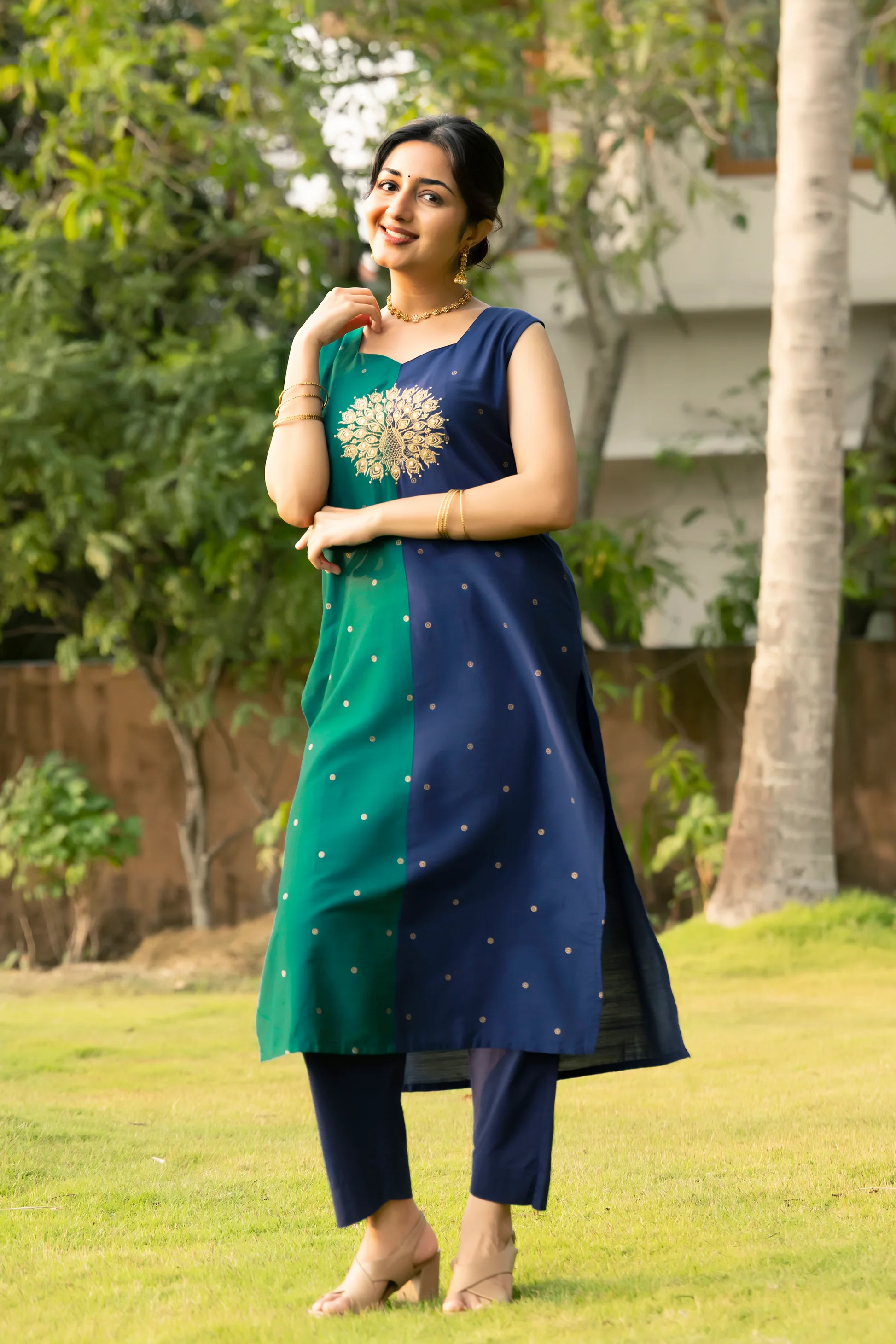 Blue Peacock Embroidered Colour Block Raw Silk Kurta