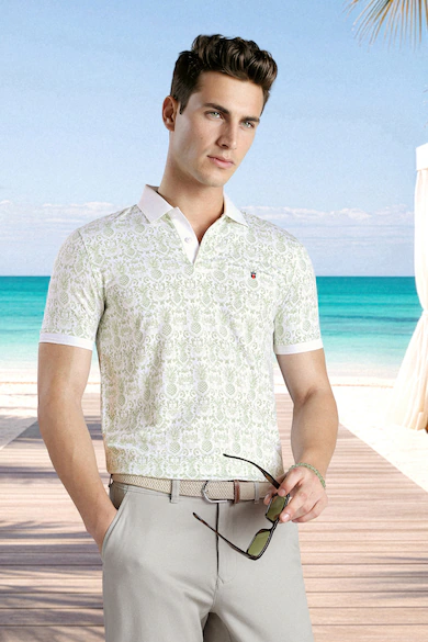 Men Bamboo Blend Print Polo Neck Summer Casual T-shirt