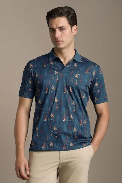 Men Blue Print Polo Neck T-shirt