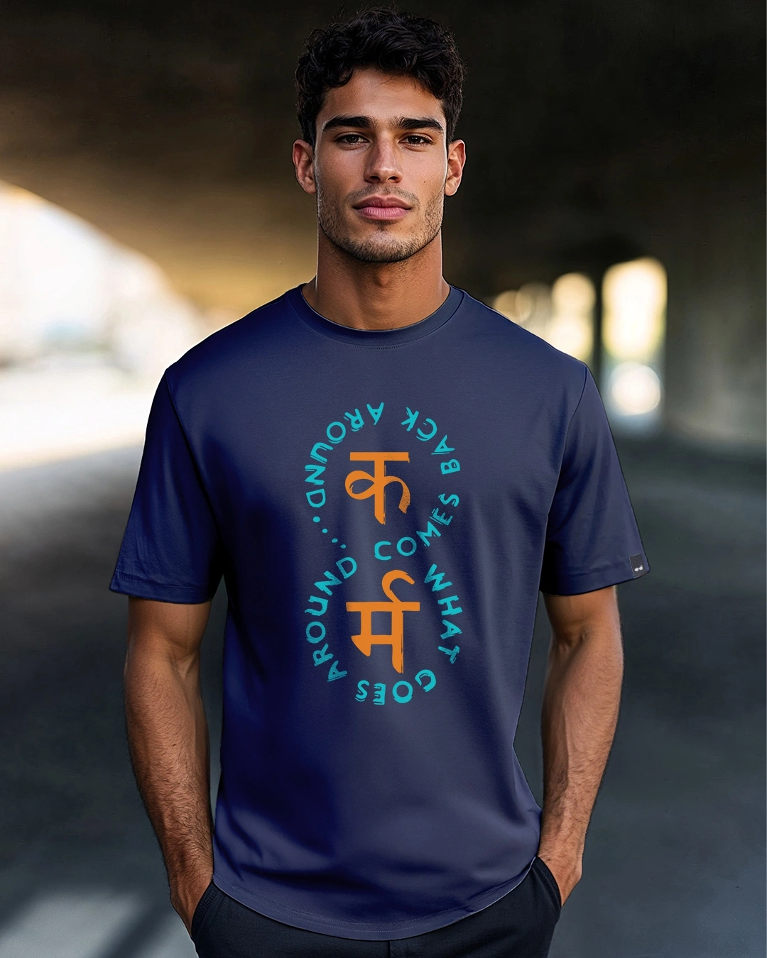 Men's Navy Blue Karma Graphic Printed T-shirt