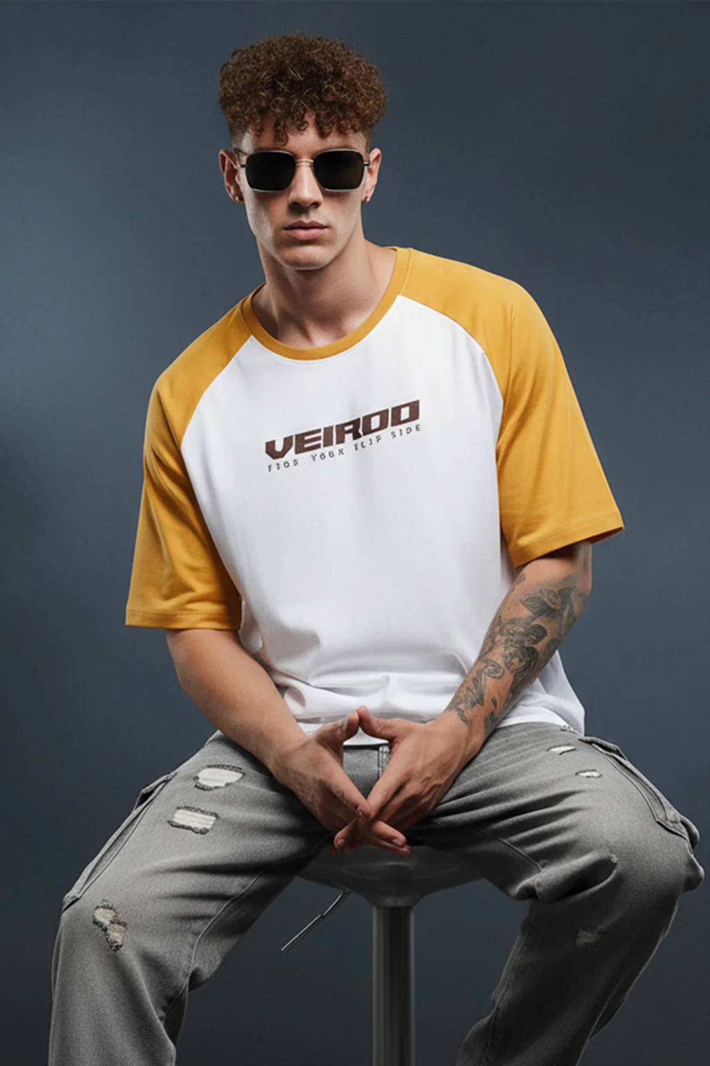 White-Yellow Raglan Oversized Typography Printed T-shirt