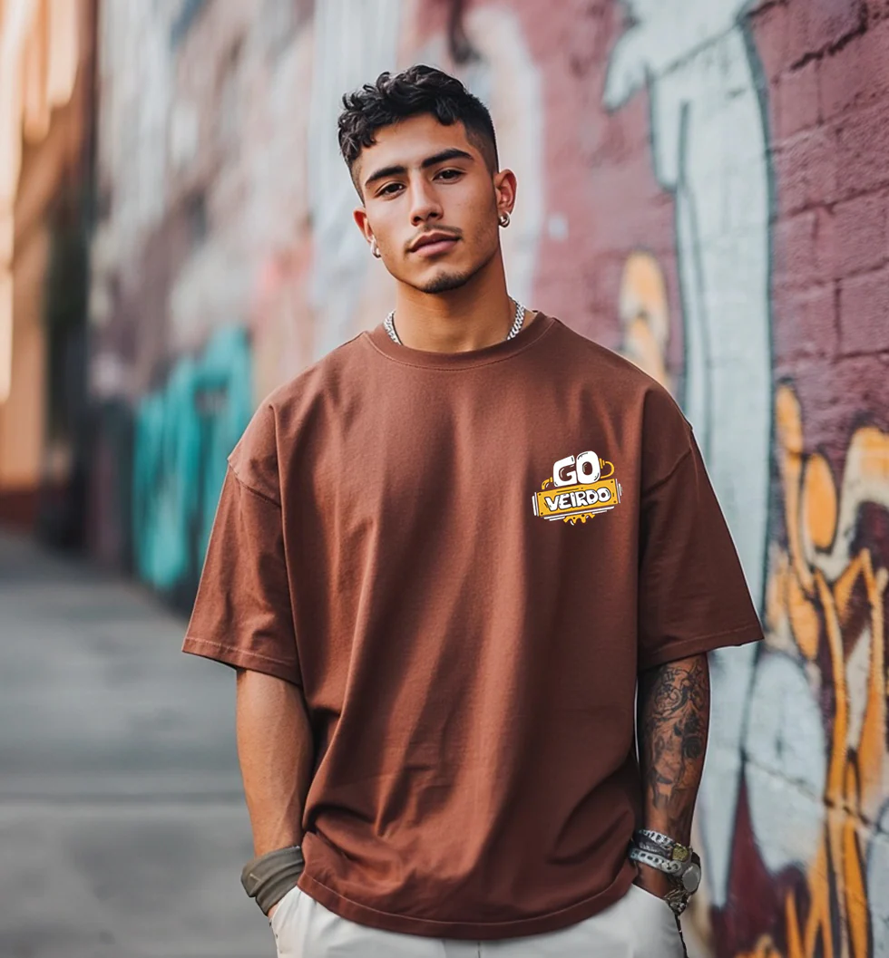Go Veirdo Brown Oversized Pocket Graphic Printed T-shirt