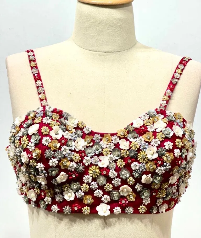 Metallic hues hand embroidered sleeveless blouse