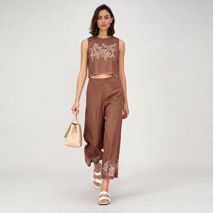 Embroidered High Rise Straight Palazzos