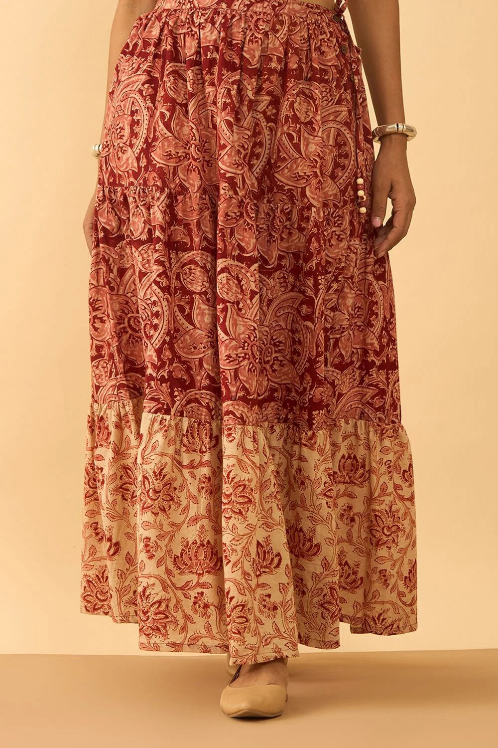 Dark Red Printed Kalamkari Pure Cotton Ethnic Skirt