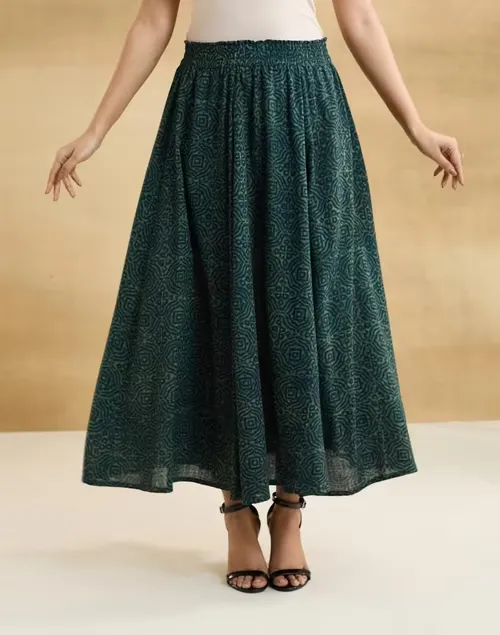Green Cotton Bagu Printed Skirt Midi