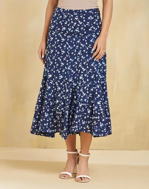 Indigo Cotton Hand Block Printed Midi Skirt