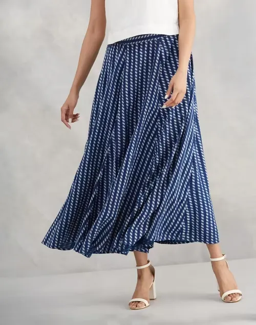 Indigo Viscose Dabu Printed Midi Skirt
